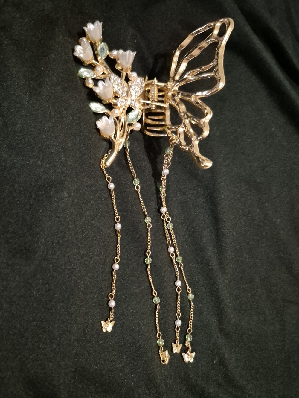 Gold Butterfly Floral Hair Clip with Pearls and Green Accents
